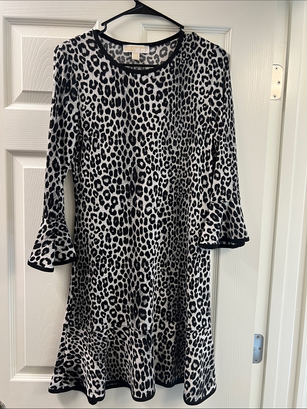 Michael Kors Black and White Leopard Print Long Sleeve Dress